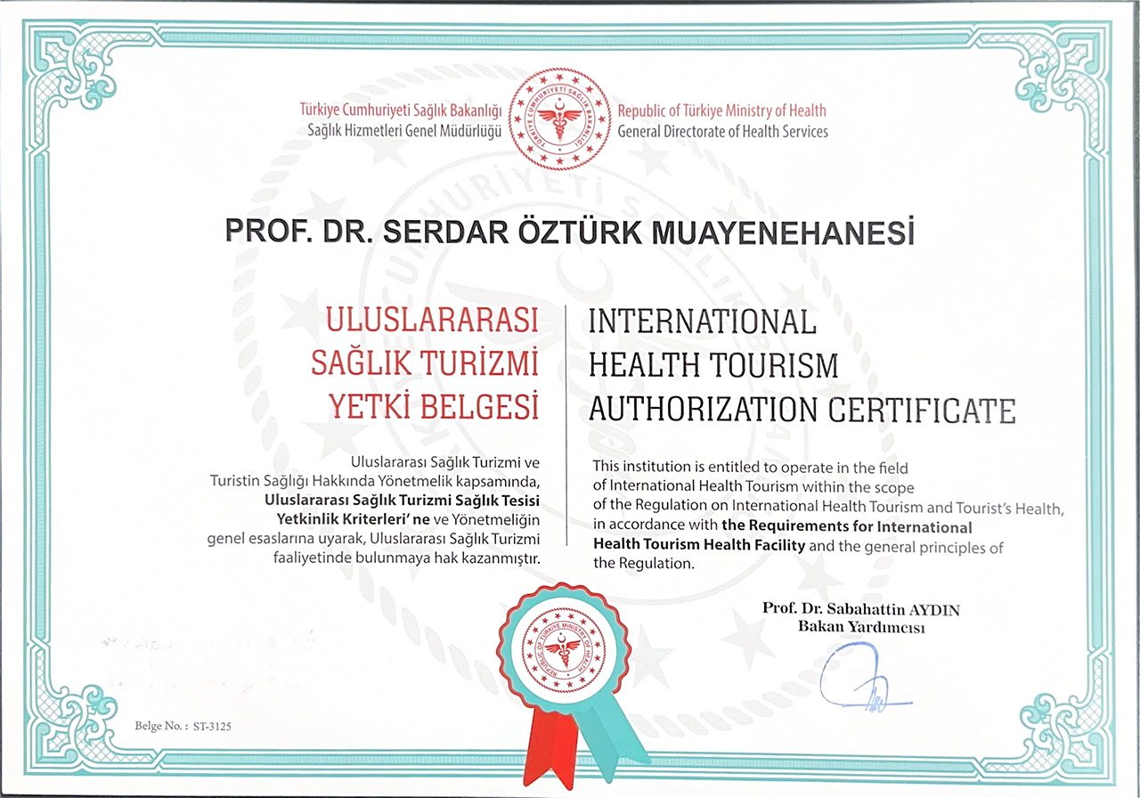 T.C. Sağlık Bakanlığı Uluslararası Sağlık Turizmi Yetki Belgesi – Prof. Dr. Serdar Öztürk Muayenehanesi, Belge No ST-3125